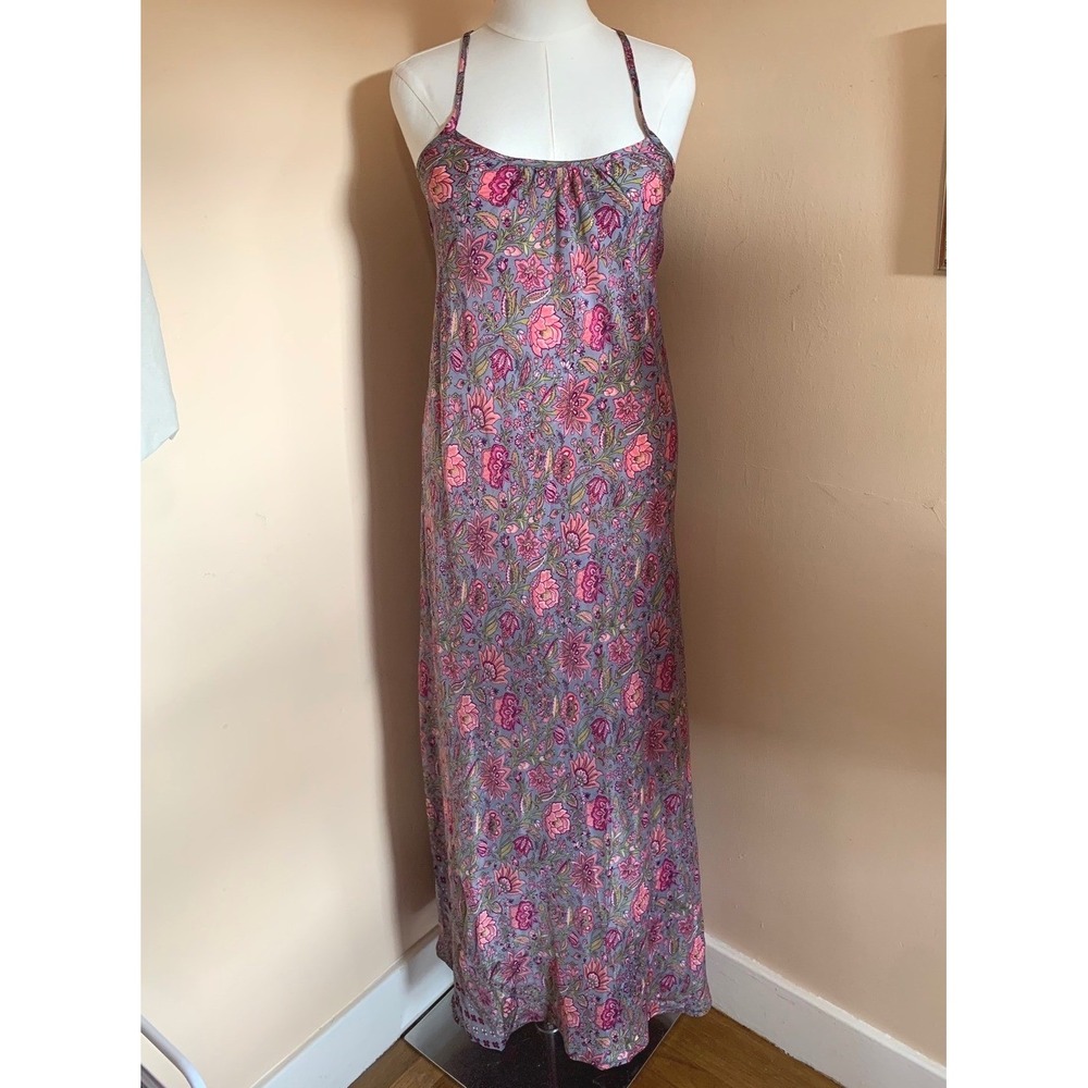 Boho Floral Paisley Racerback Maxi Dress Pink Purple Metallic Accents M/L
